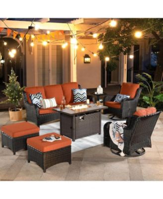 Outdoor Swivel Rocking Chairs Set, Patio Furniture Set with 50,000 BTU Rectangular Propane Fire Pit Table, 7 Pieces High Back Conversation Sofa and Side Table