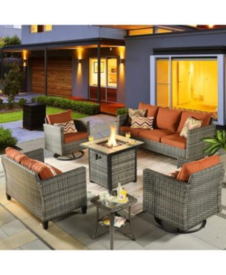 Patio Furniture Set 6 Piece Outdoor Sectional Sofa Set with Rocking Swivel Chairs Square Fire Pit Table Loveseat All Weather Wicker Rattan Conversation Sets for Yard Porch