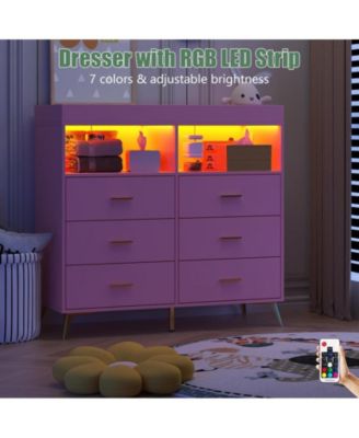 Dresser for Bedroom with 6 Drawers, Baby Changing Table Dresser with Changing Pad, LED Lights & Charging Station, Baby Changing Station with Changing Table Top