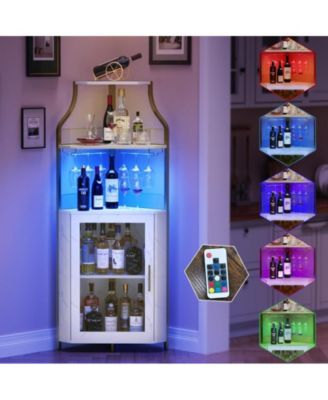 Corner Bar Cabinet with LED Lights, Industrial Liquor Cabinet with Adjustable Shelf