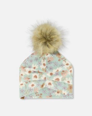 Girl Printed Jersey Detachable Pompom Hat Small White Flowers On Turquoise And Lilac - Toddler|Child