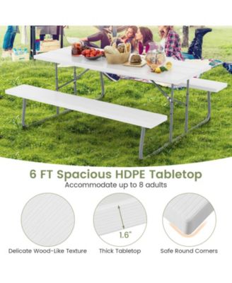 Folding Picnic Table Set with Metal Frame and All-Weather HDPE Tabletop, Umbrella Hole