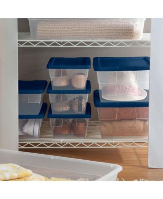 Stackable 6 Qt Storage Box Container, Clear, Marine Blue Lid, 5 Pack