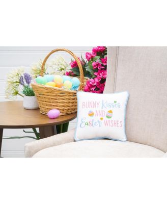 Easter "Bunny Kisses & Easter Wishes" Embroidered Small/Petite Spring Themed Accent Pillow, 10" x 10"