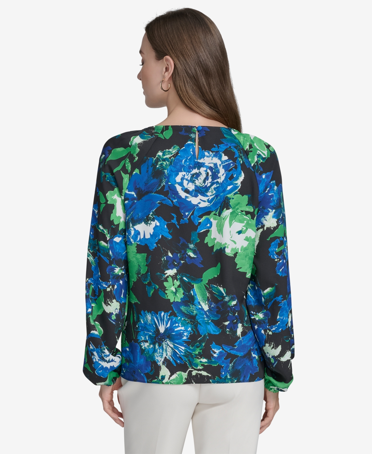 HALSTON WOMEN'S FLORAL-PRINT CHAIN CUT-OUT BLOUSE 