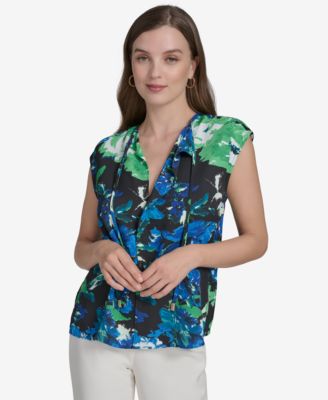 Halston - Women's Split-Neck Printed Cap-Sleeve Top