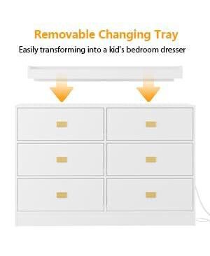 6-drawer, wood & metal, changing table dresser with removable top, power outlets, and pad – nursery station for baby bedroom.