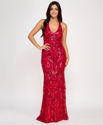 Juniors' Sequined Halter-Neck Evening Gown