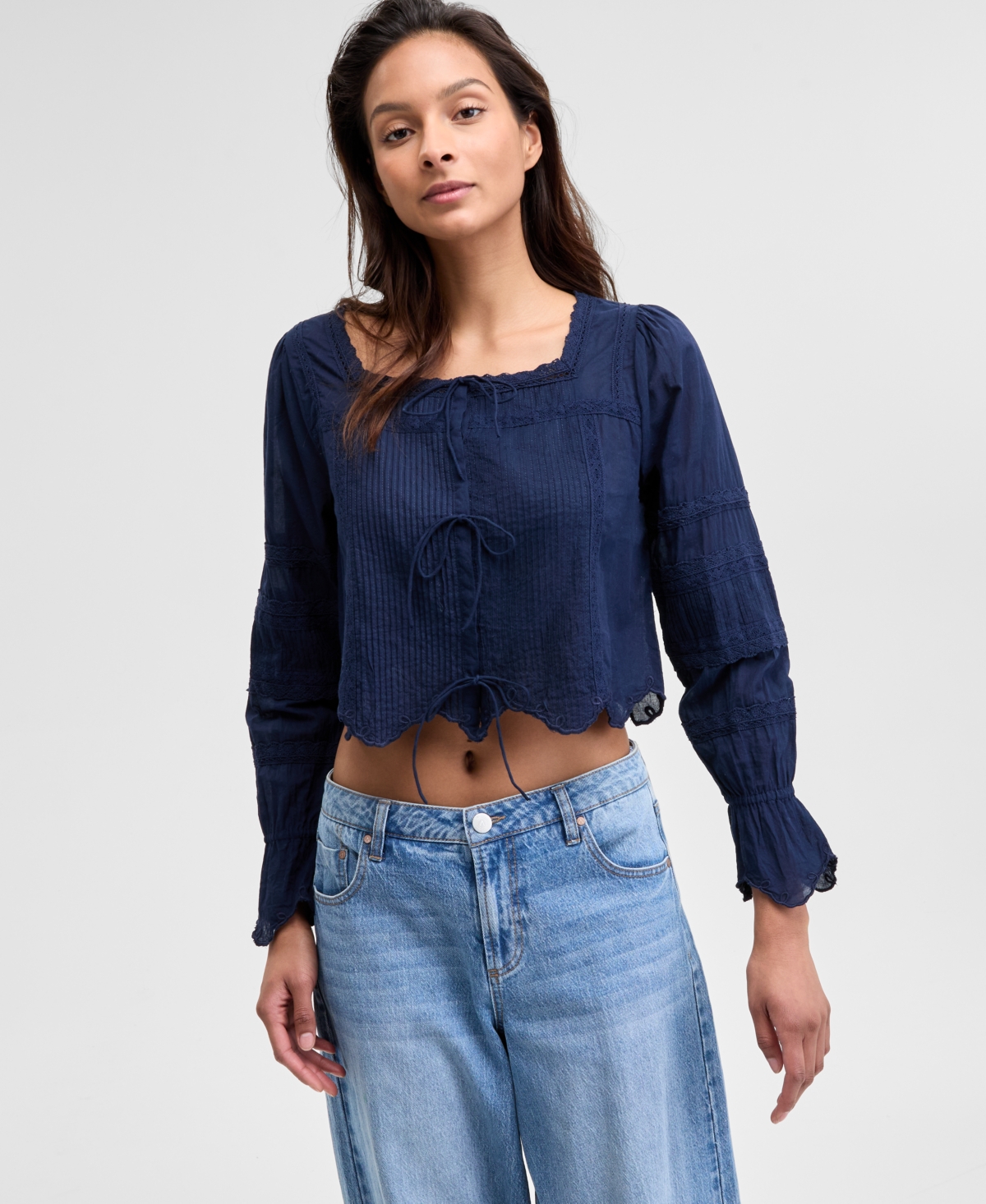 Women's Cotton Cropped Lace-Trim Top - Indigo Batik