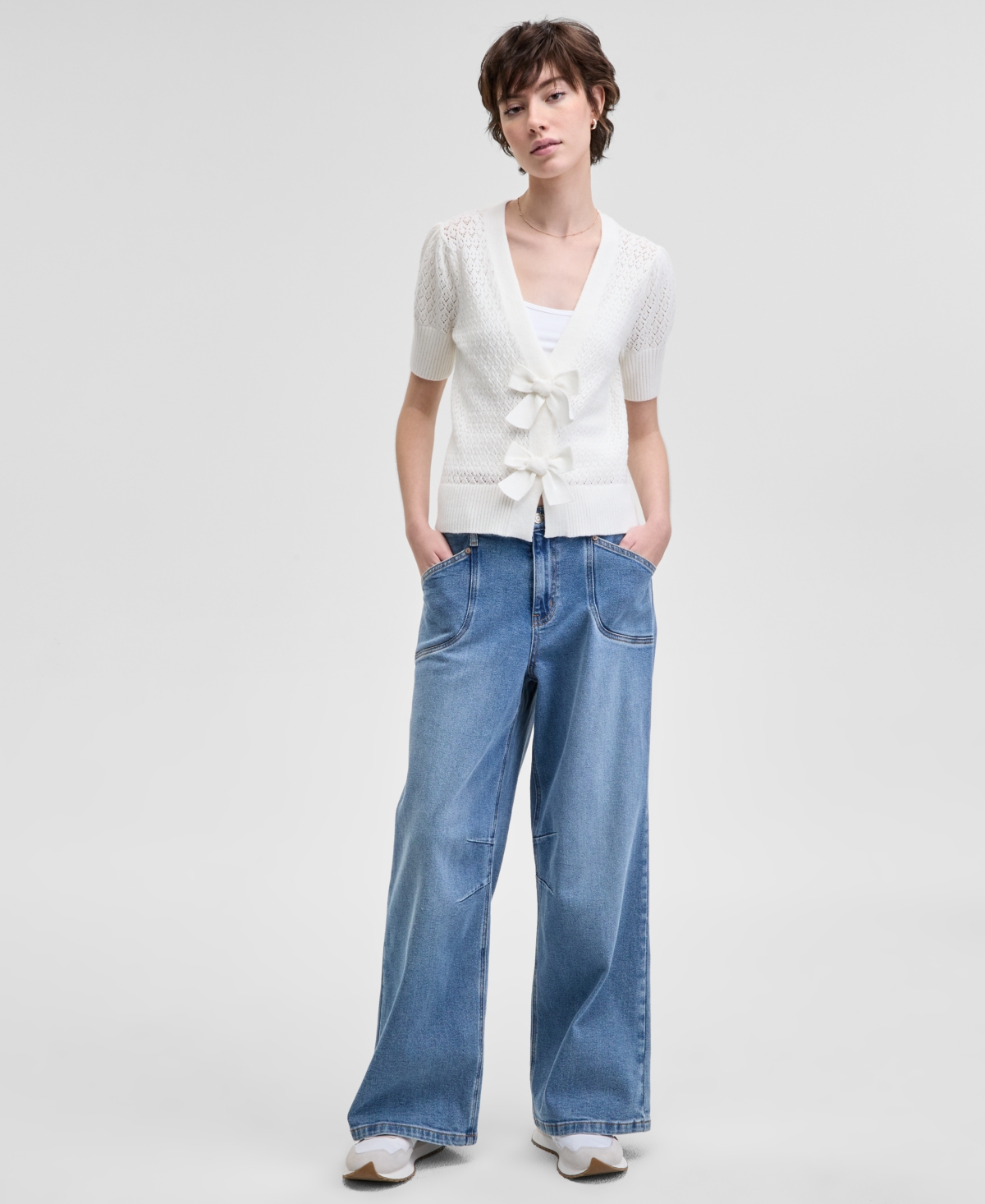 And Now This Women's Bow-front Pointelle Cardigan, Exclusively At Macy's In Calla Lily