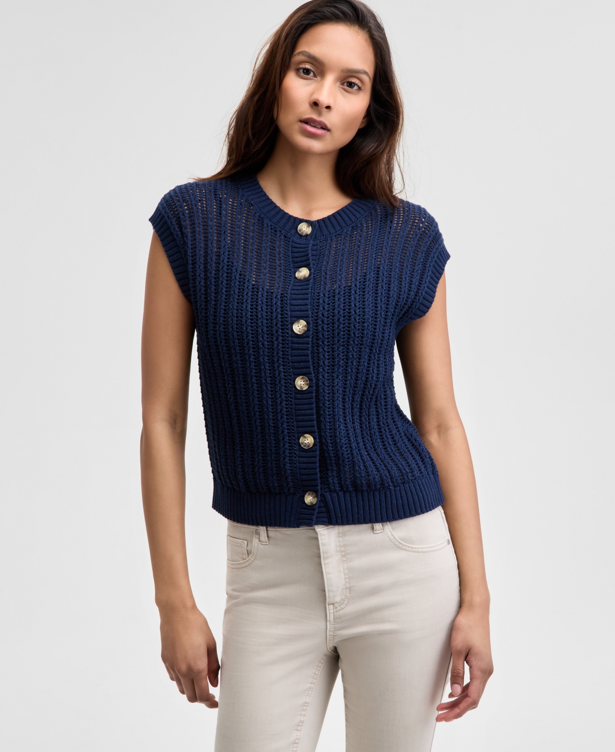 And Now This Women's Open-knit Button-front Cardigan Sweater, Regular & Petite, Exclusively At Macy's In Indigo Batik