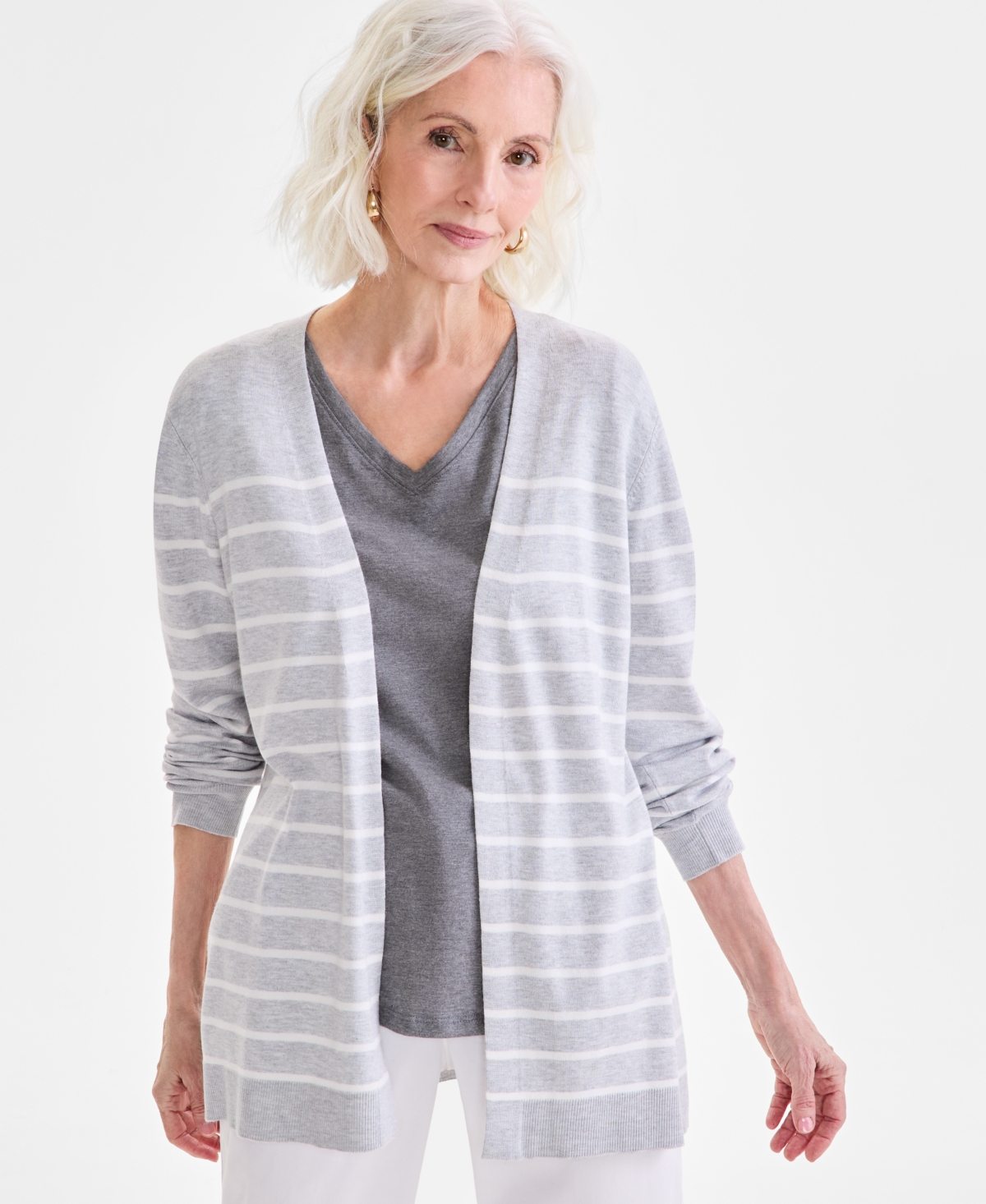 Style & Co Women's Striped Open-front Long-sleeve Cardigan, Exclusively At Macy's In Stripe Heather Grey