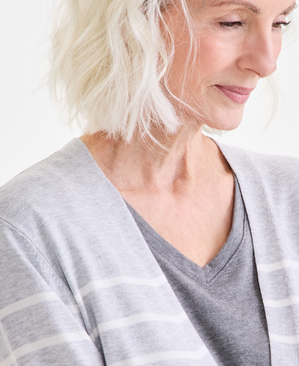 Style & Co Women's Striped Open-front Long-sleeve Cardigan, Exclusively At Macy's In Stripe Heather Grey