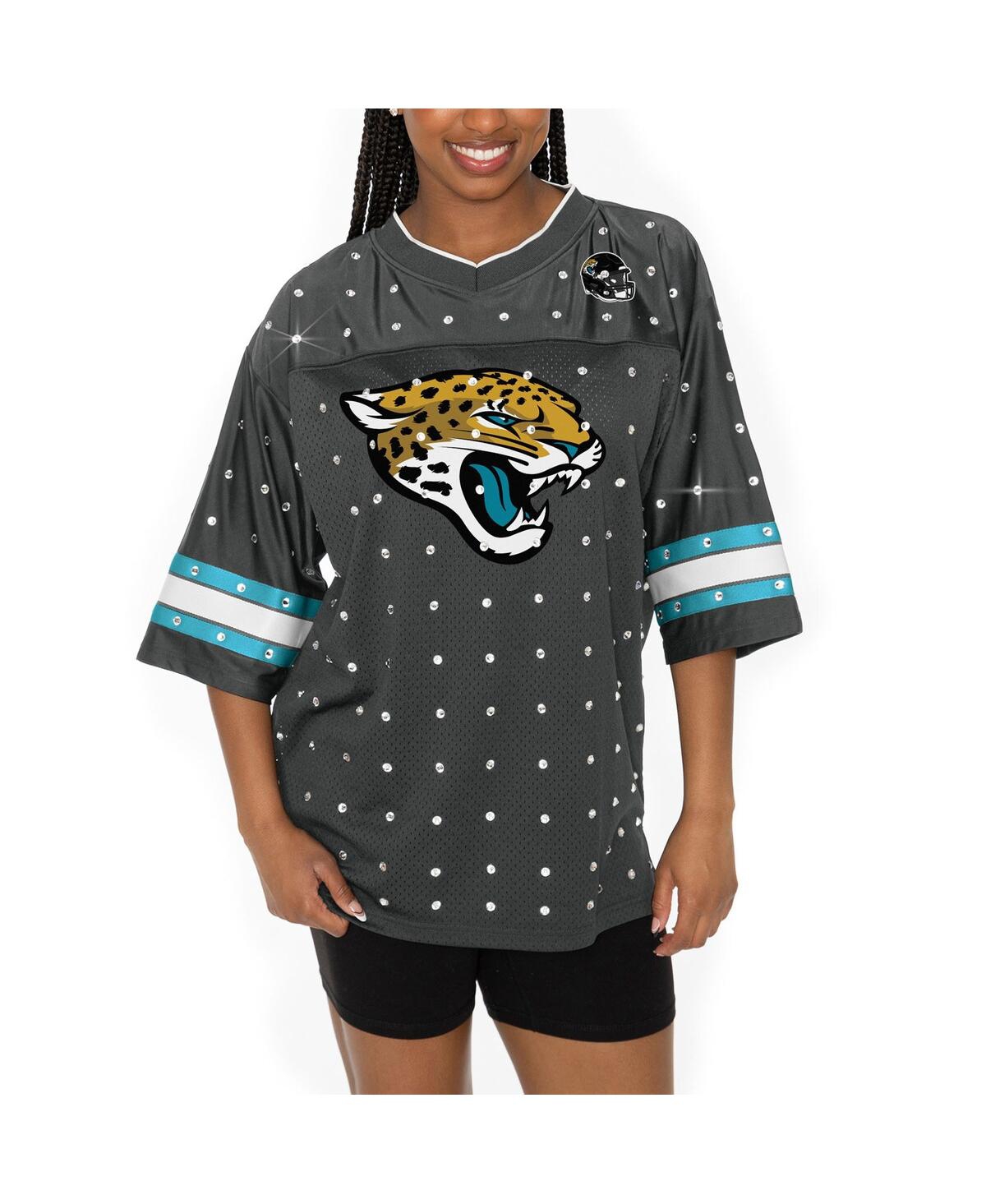 Shop Gameday Couture Women's Anthracite Jacksonville Jaguars Kickoff Time Allover Rhinestone Sports Stripe Jersey V-neck 