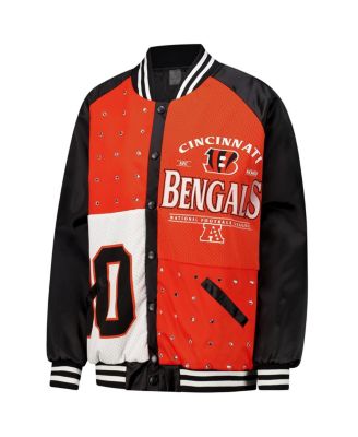 Women's Black/Orange Cincinnati Bengals Oversized Hot Shot Rhinestone Throwback Full-Snap Varsity Bomber Jacket