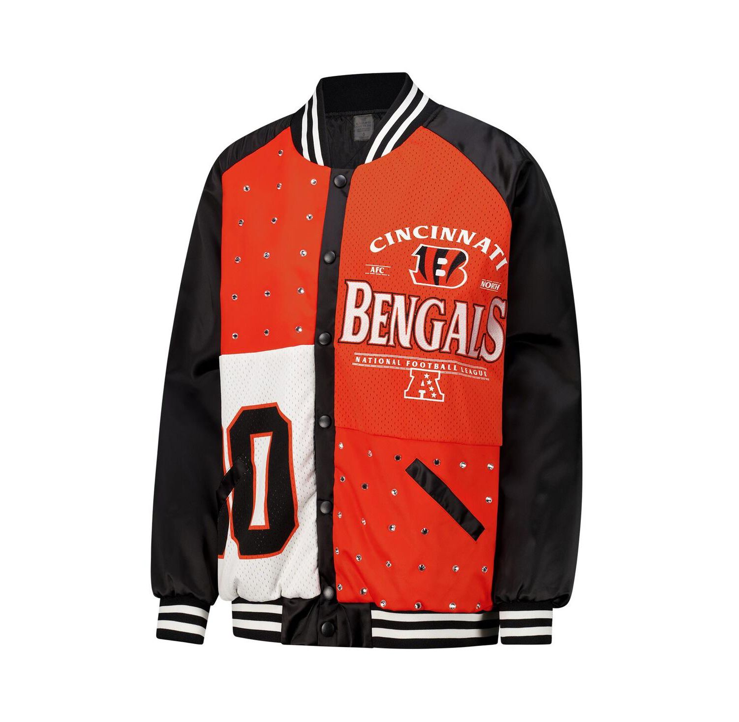 Women's Black/Orange Cincinnati Bengals Oversized Hot Shot Rhinestone Throwback Full-Snap Varsity Bomber Jacket