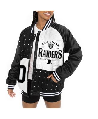 Women's Black/White Las Vegas Raiders Oversized Hot Shot Rhinestone Throwback Full-Snap Varsity Bomber Jacket