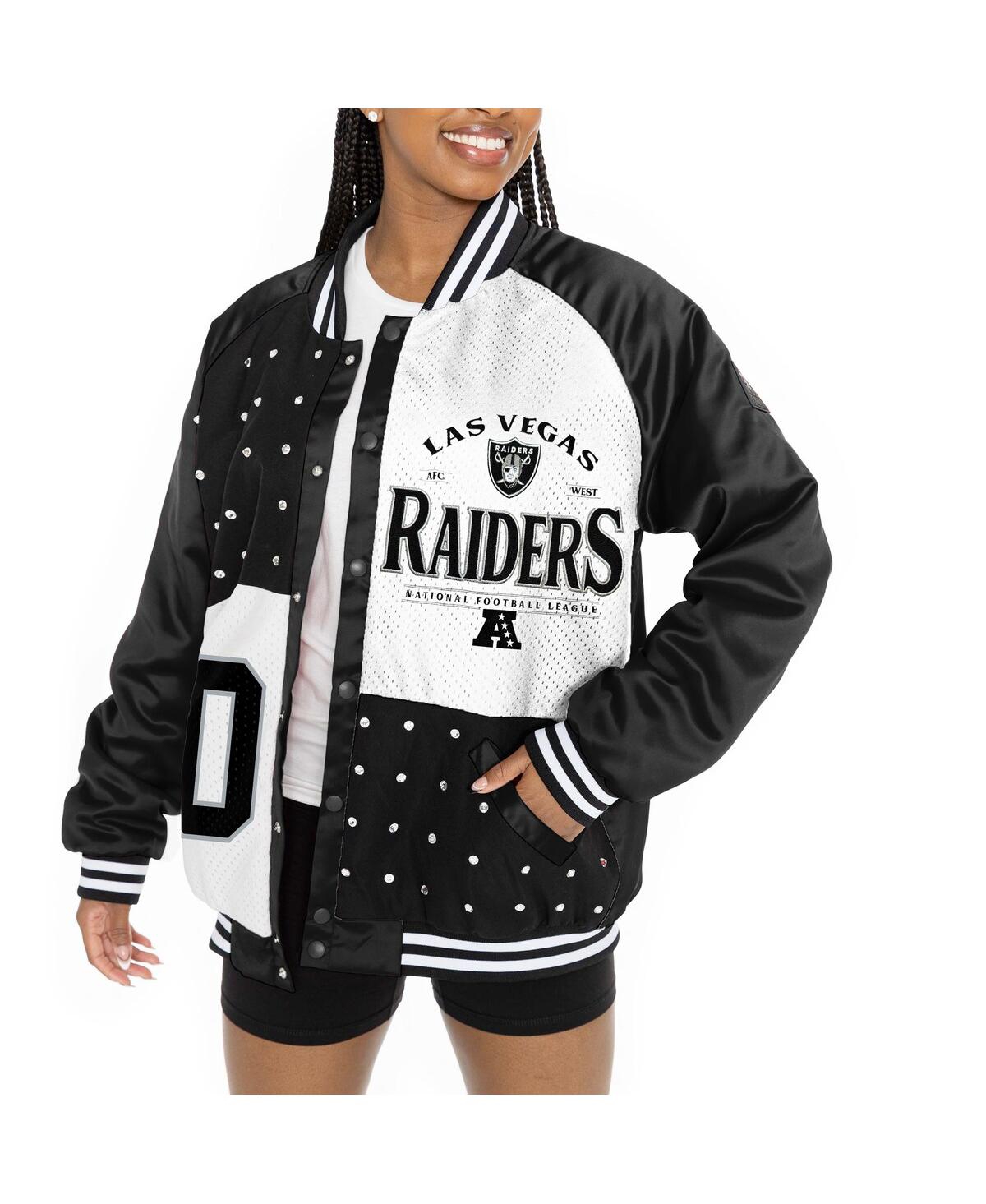 GAMEDAY COUTURE WOMEN'S BLACK/WHITE LAS VEGAS RAIDERS OVERSIZED HOT SHOT RHINESTONE THROWBACK FULL-SNAP VARSITY BOMB 