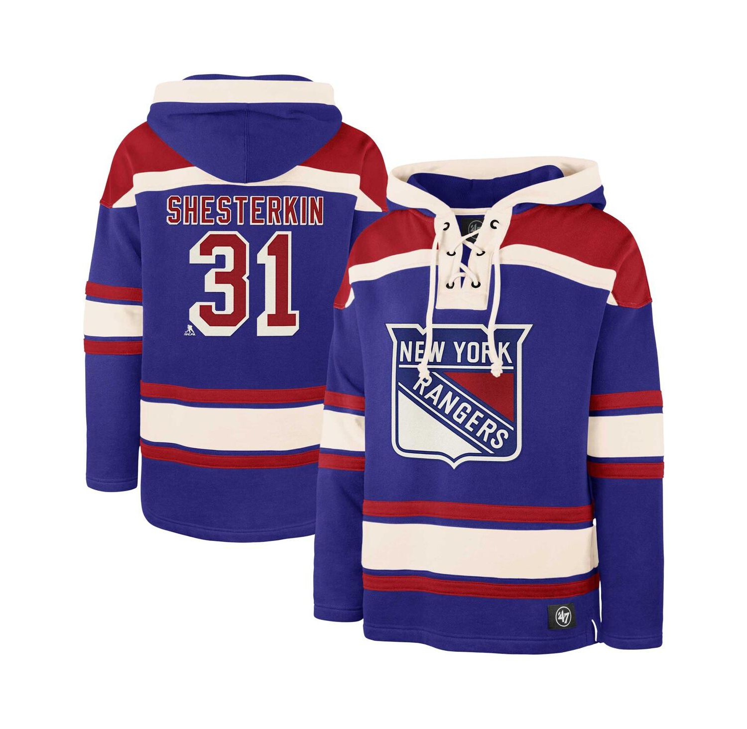 47 Brand Men's Igor Shesterkin Blue New York Rangers Player Name & Number Lacer Pullover Hoodie
