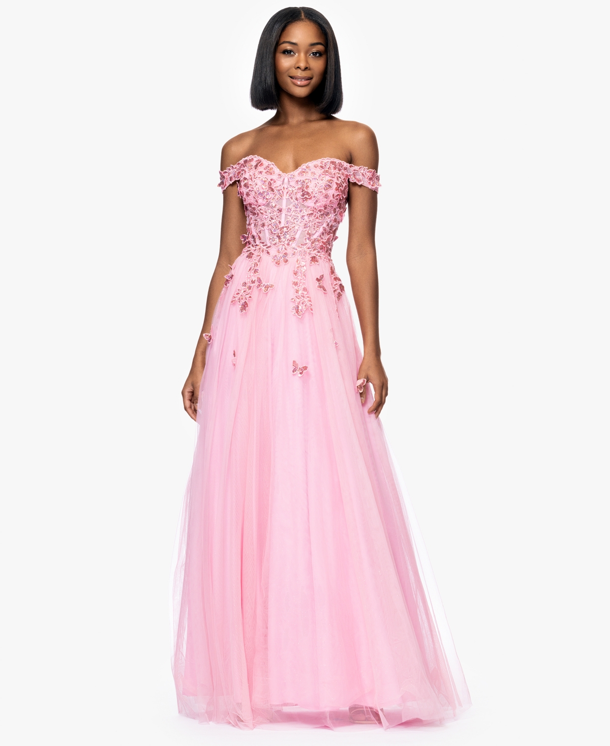 Women's Off-The-Shoulder 3D Butterflies Gown - Blush