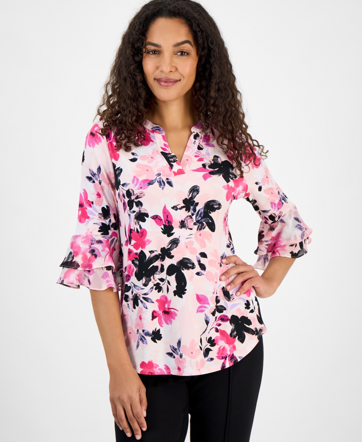 Kasper Women's Floral Print Split-neck Bell-sleeve Blouse, Regular And Petite In Tutu Pink Multi