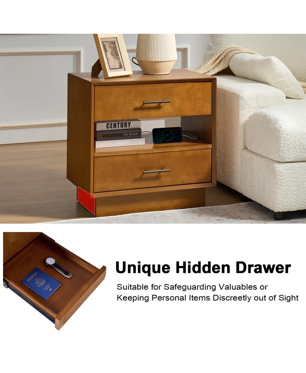 Hulala Home Zulema Mid-Century Modern 2-Drawer Nightstand with Built-In Outlets and Hidden Drawer