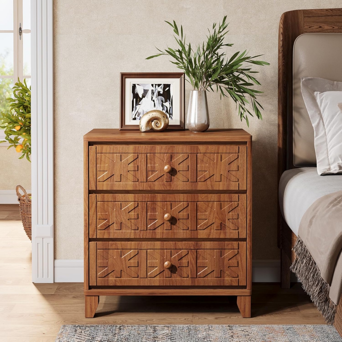 Tribesigns Nightstand with Drawers, Traditional Side Table with 3 Drawers, Tall Wood Bedside Table for Bedroom, Dorm and Small Spaces