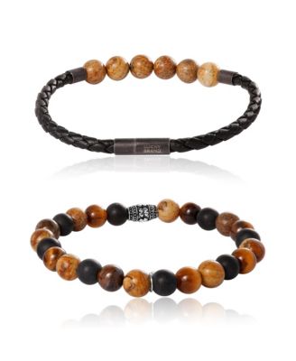 Tiger s Eye, Black Onyx, Picture Jasper Stretch Bead & Magnetic Cord Bracelet Set - 2 Piece