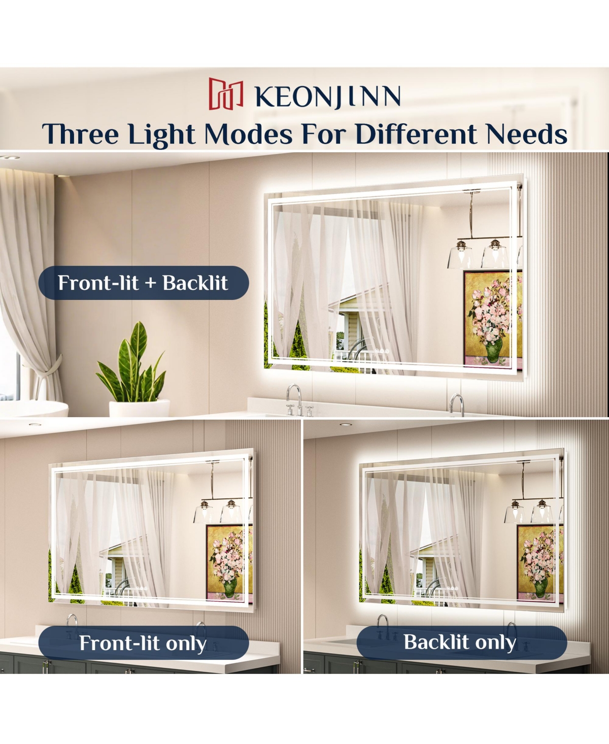 keonjinn 40x32 Led Bathroom Mirror with Frontlit and Backlit