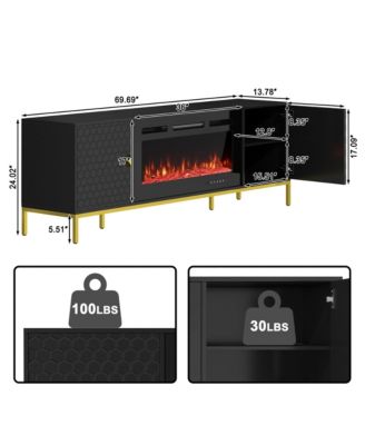 70 inches MDF TV Stand with 36 inches Fireplace and Storage Cabinets