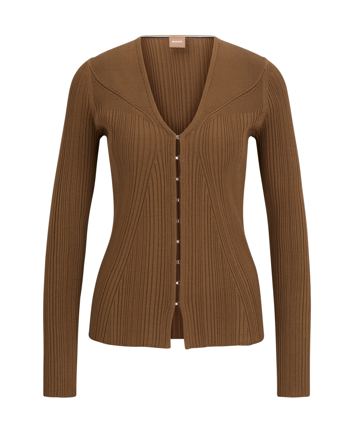 Hugo Boss Ribbed Cardigan In Stretch Fabric With Hook Closures In Open Brown