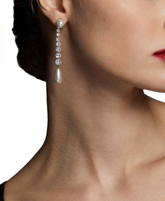 Silver-Tone Cubic Zirconia & Imitation Pearl Linear Drop Earrings, Exclusively at Macy's