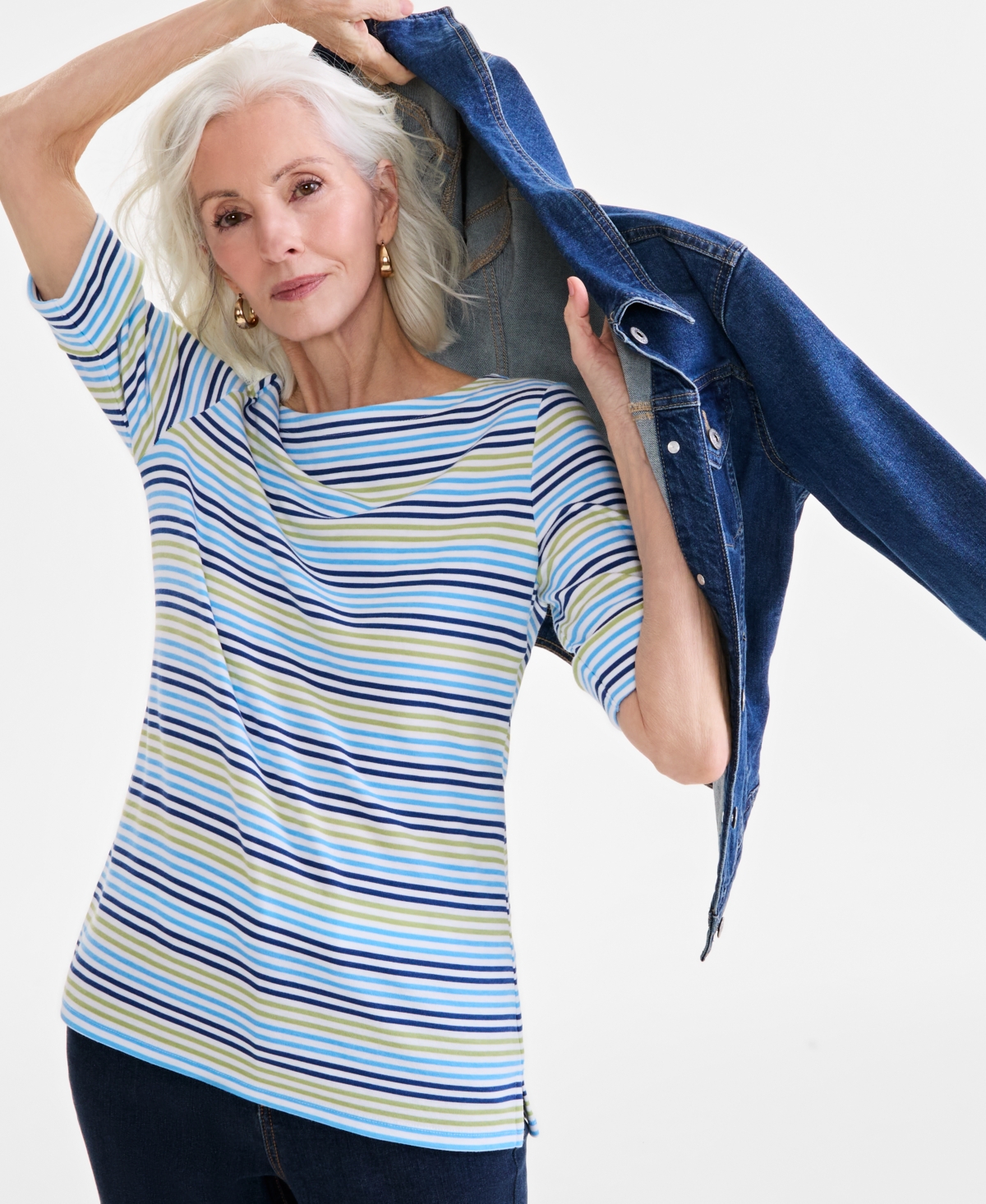 Style & Co Plus Size Striped Elbow-sleeve Knit Top, Exclusively At Macy's In Movement Sky Blue