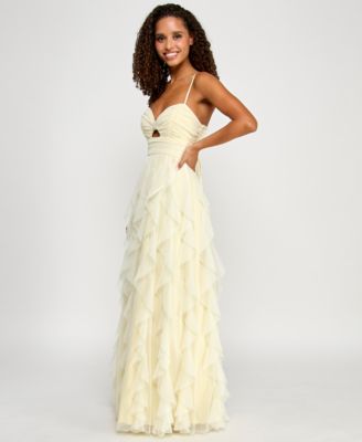 Juniors' Strappy Mesh Petal Ball Gown