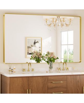 60x40 Inch Brushed Gold Bathroom Vanity Mirror Tempered Glass Metal Framed
