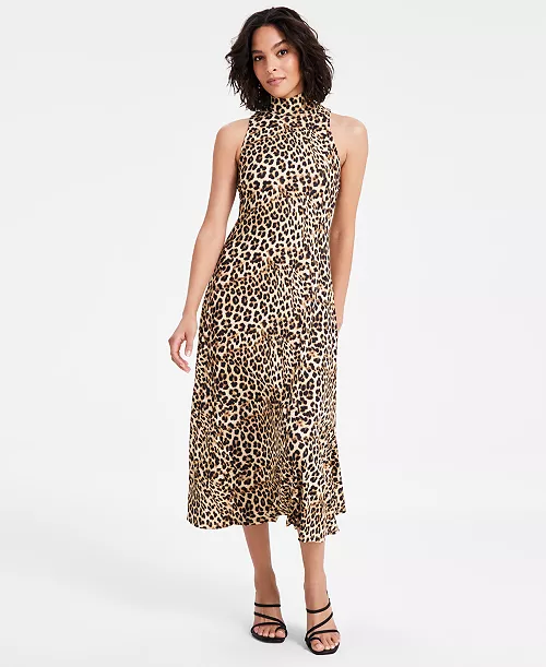 women's cheetah-print mock-neck a-line midi dress, exclusively at macy's