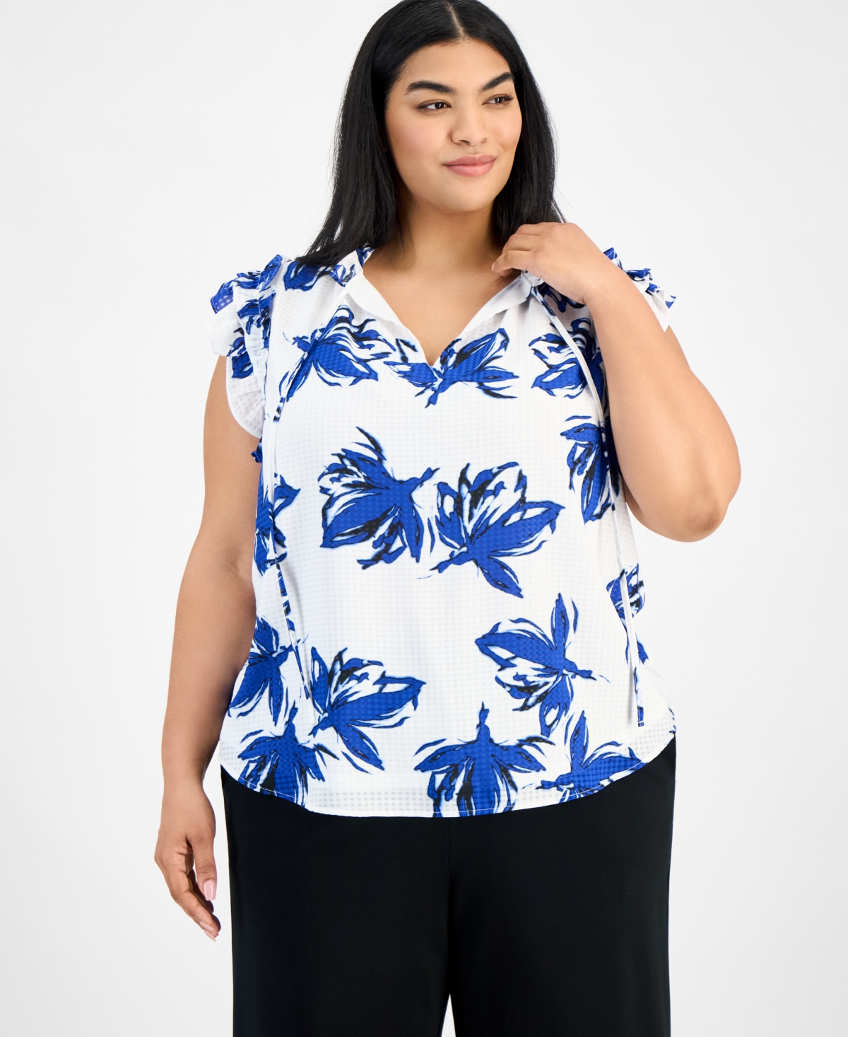 ANNE KLEIN PLUS SIZE DOUBLE RUFFLE TIE-FRONT BLOUSE 