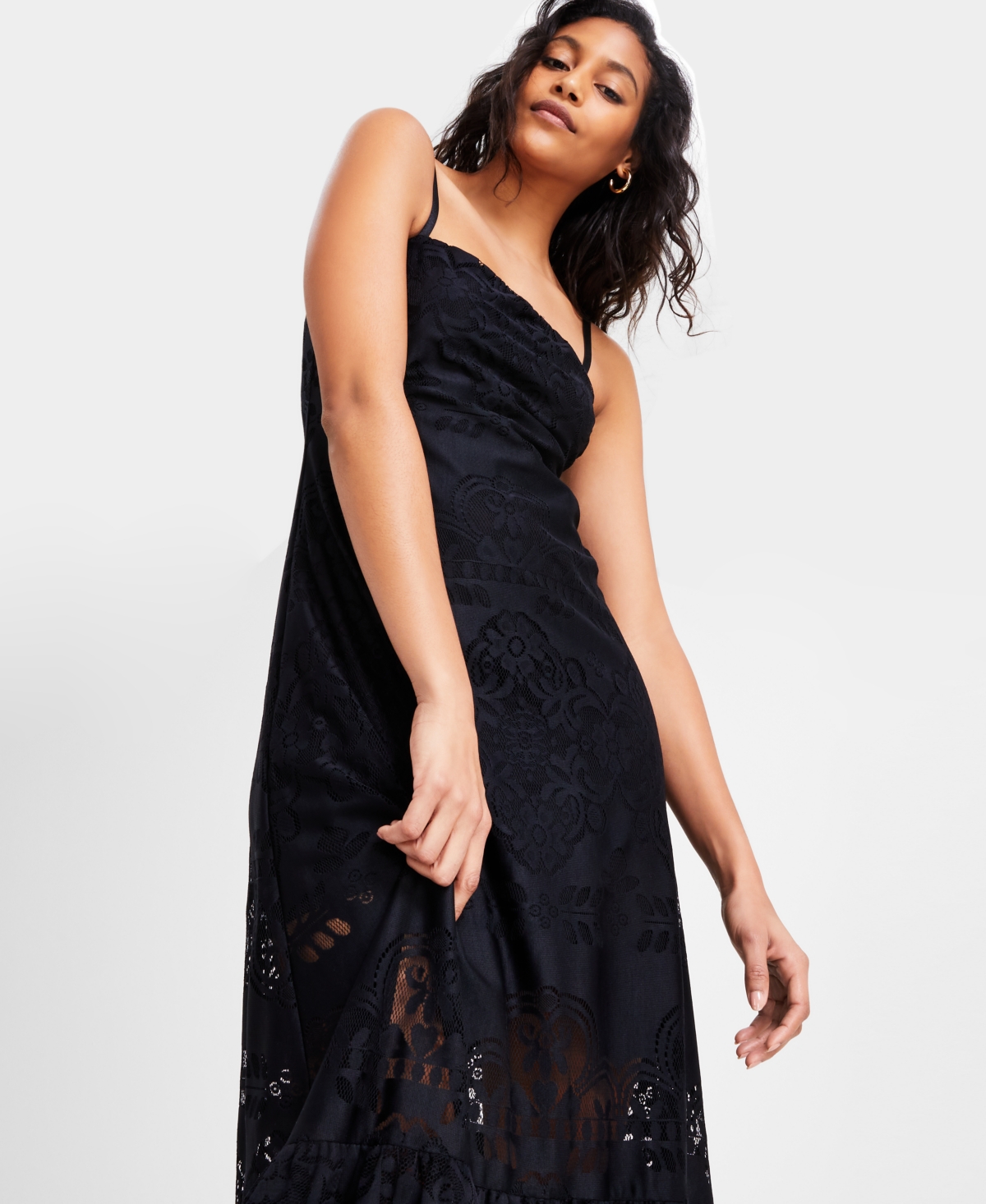 Bar Iii Women's Ruffled-hem Lace Midi Dress, Exclusively At Macy's In Deep Black