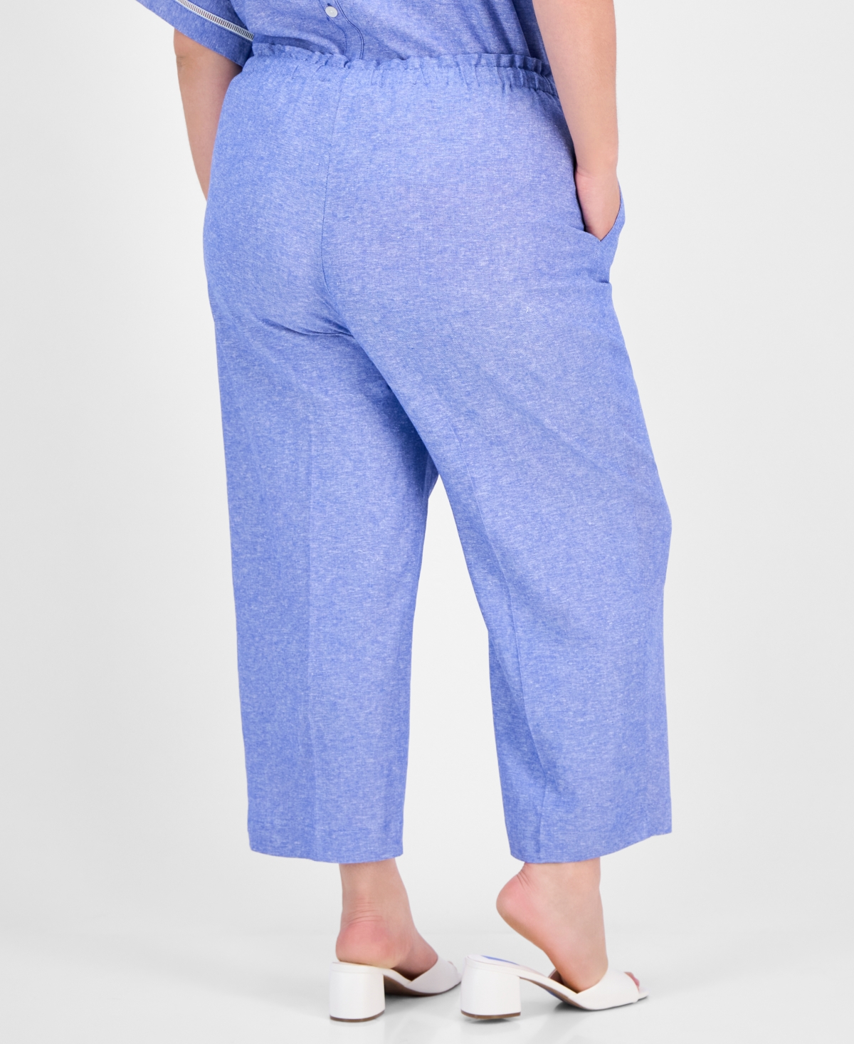 Anne Klein Plus Size Wide-leg High-rise Pants In Santorini Blue,bright White