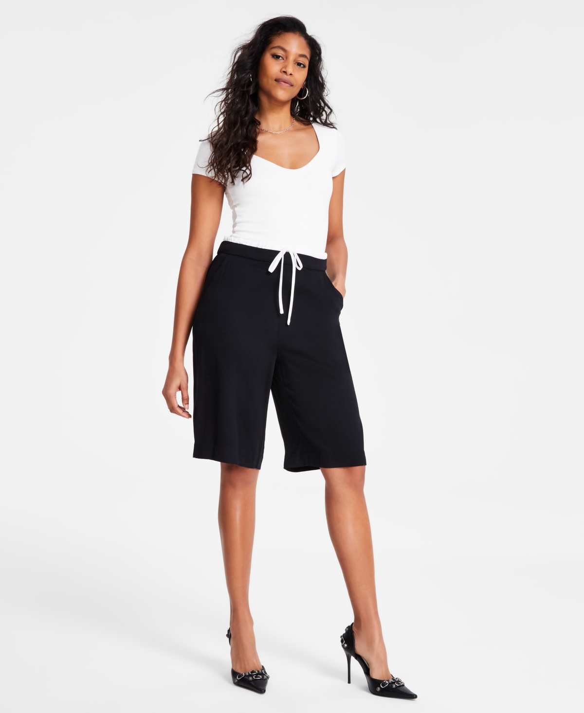 Women's Contrast-Waistband Drawstring Long Shorts, Exclusively at Macy's - Deep Black