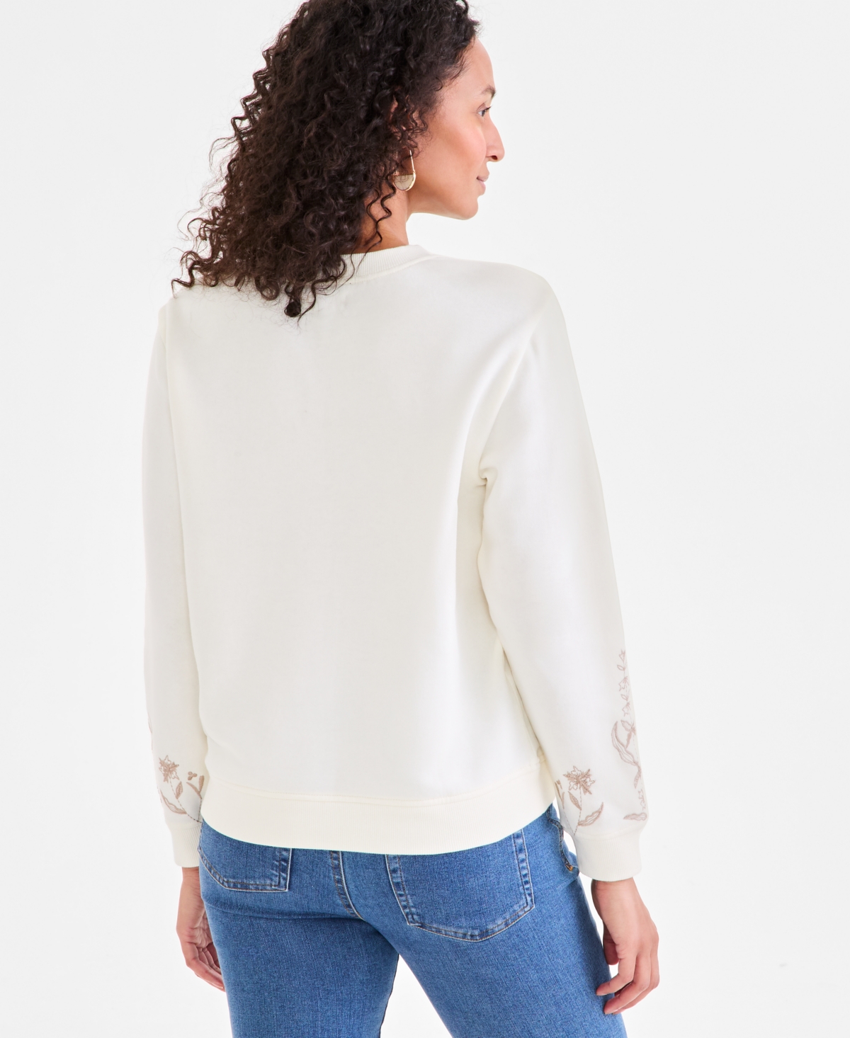 Style & Co Women's Embroidered Crewneck Fleece Sweatshirt, Exclusively At Macy's In Floral White