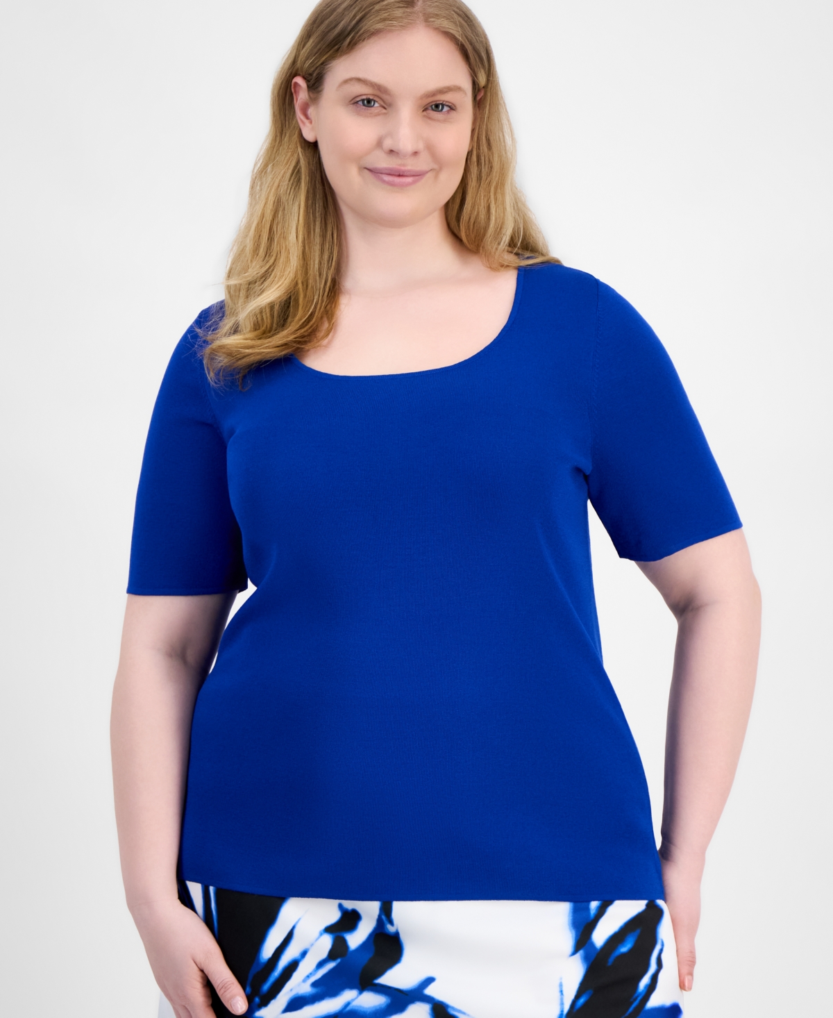 Anne Klein Plus Size Square Neck Sweater Printed Flared Skirt In Santorini Blue