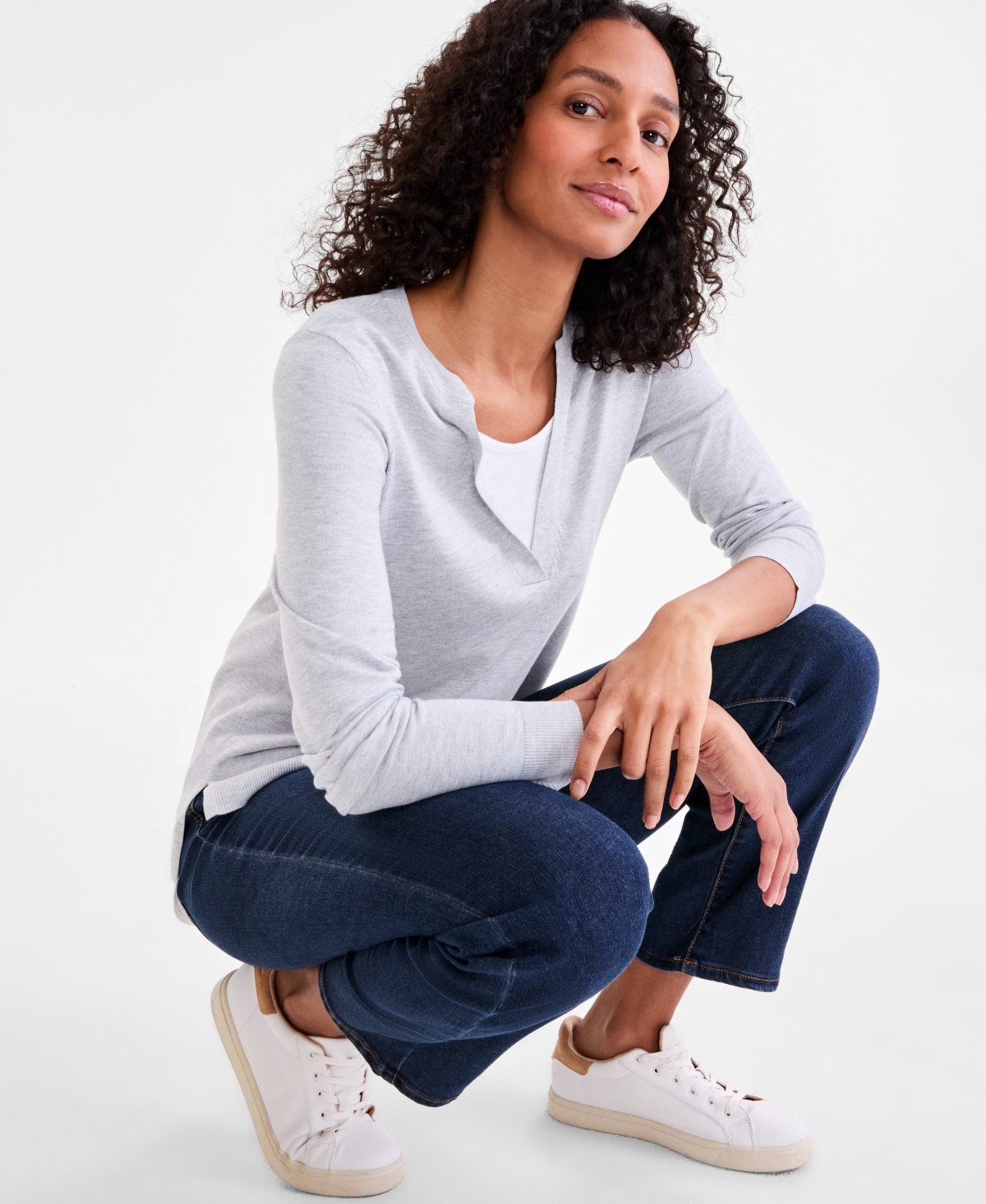 Style & Co Women's Split-neck Two-for-one Sweater, Exclusively Art Macy's In Sky Grey Heather