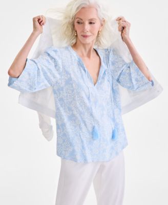 Women's Printed Split-Neck 3/4-Sleeve Top, Exclusively at Macy's