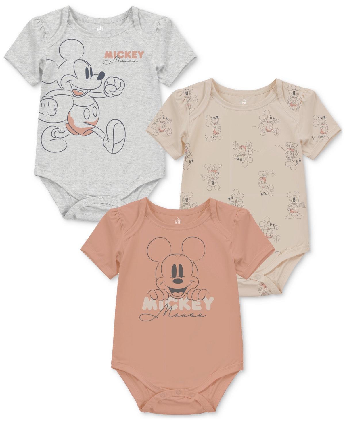Disney Baby Mickey Mouse Short-Sleeve Bodysuits, 3 Pack - Gray