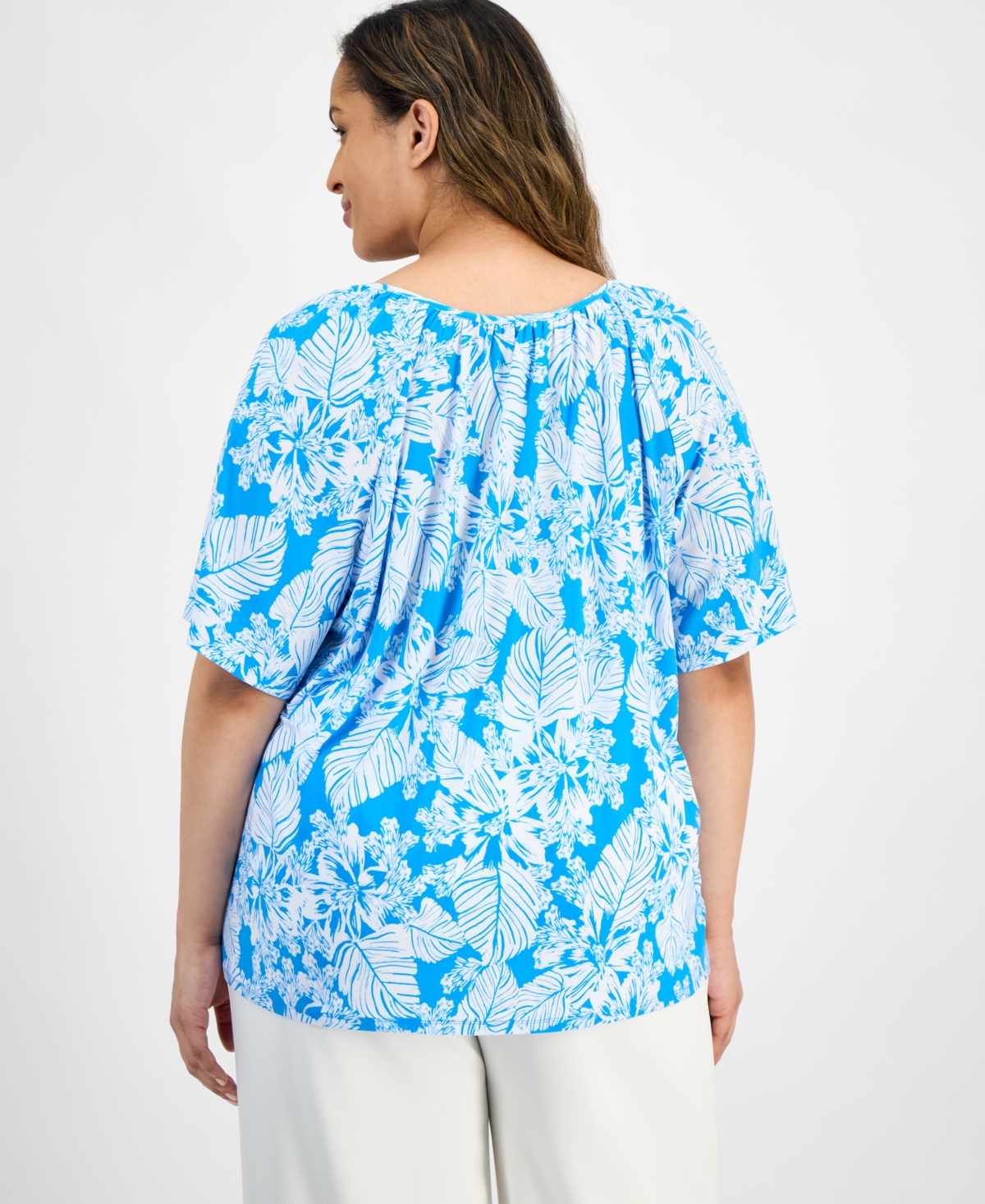 Ak Anne Klein Plus Size Printed Gathered Keyhole-neck Top In Tropical Blue,bright Wite