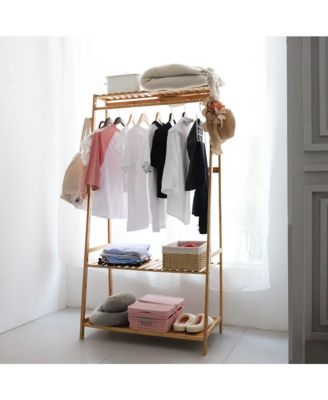 Bamboo Clothes Rail Stand Garment Storage Rack with Shoe Shelf for Bedroom and Living Room
