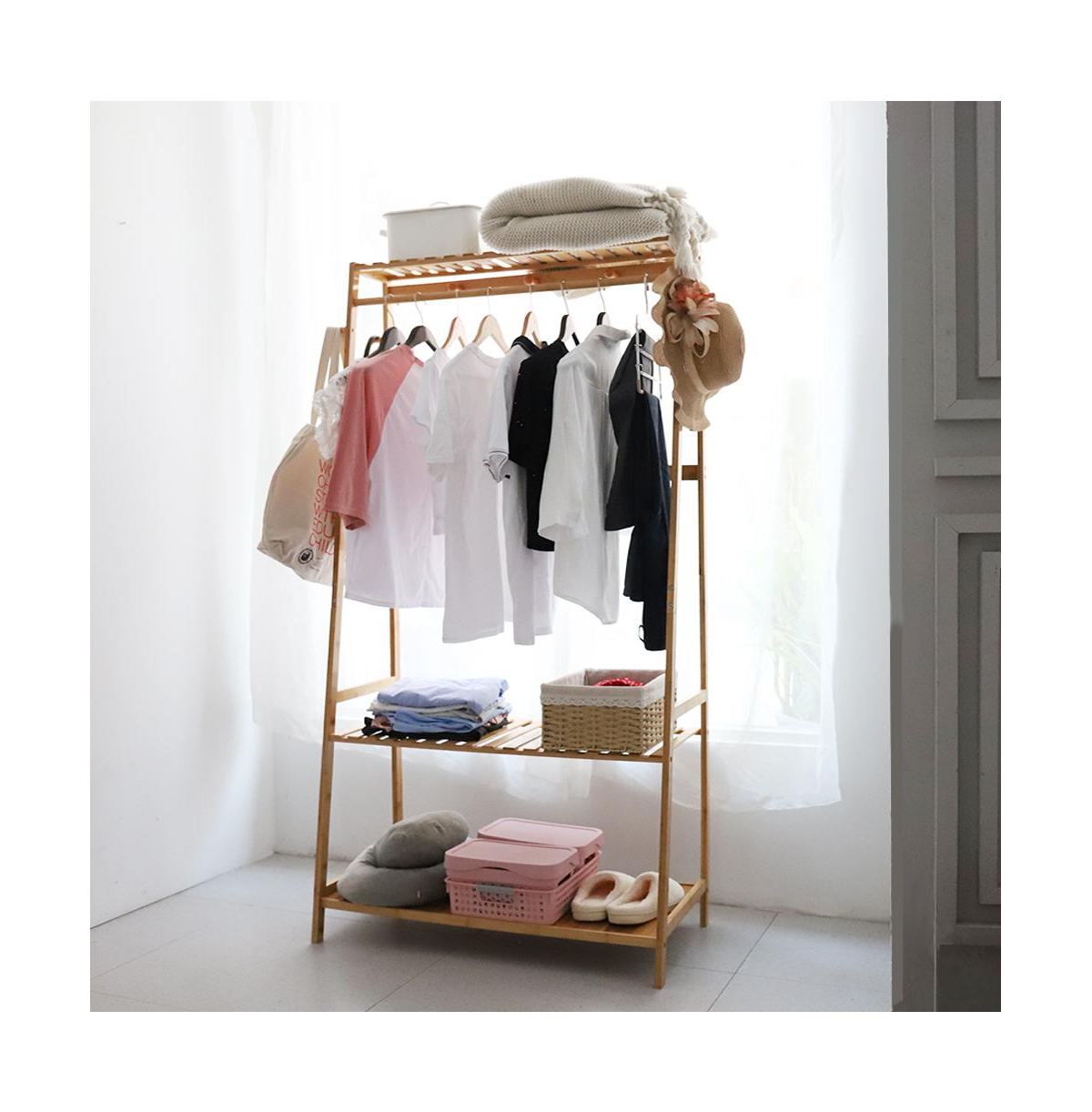 Unho Bamboo Clothes Rail Stand: Garments Storage Rack Shoes Shelf for Bedroom Living Room