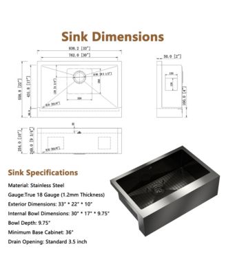 33inch L x 22inch W Kitchen Sink with Accessories