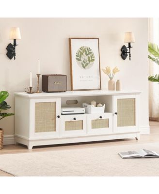 Rattan TV Stand for 65 Inch TV, White Entertainment Center Modern TV Console Table